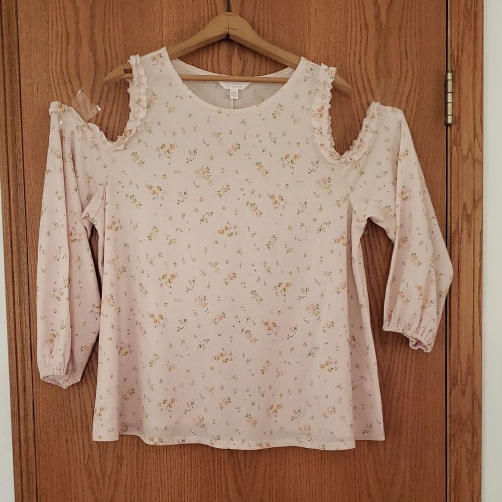 LC Lauren Conrad Pale Pink Cold Shoulders Waffle Weave Floral Top Sz XXL